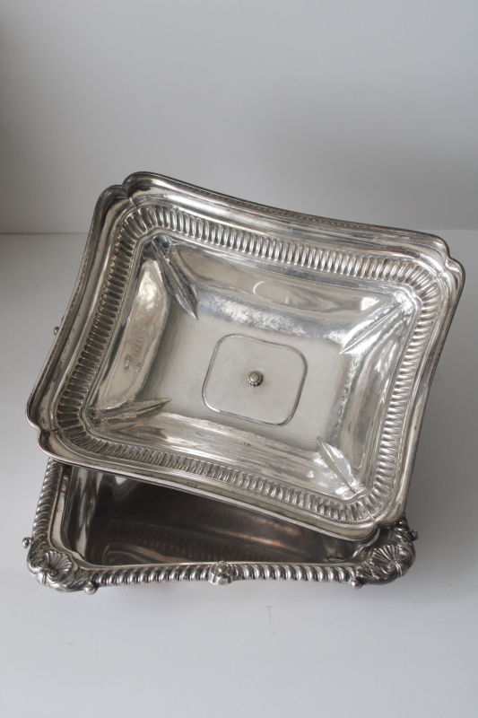 photo of 1800s antique covered dish w/ engraved coat of arms, silver over copper English Sheffield plate hallmark elephant or boar's head  #12