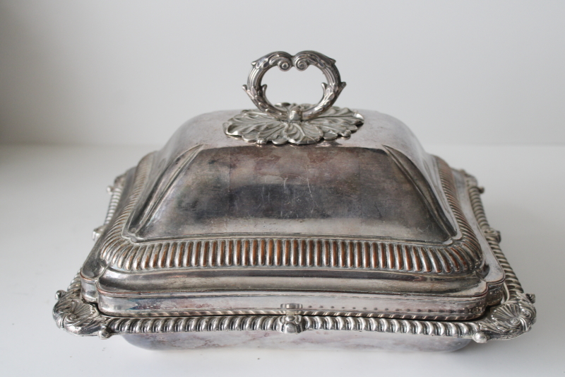 photo of 1800s antique covered dish w/ engraved coat of arms, silver over copper English Sheffield plate hallmark elephant or boar's head  #13