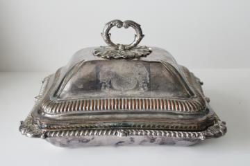 1800s antique covered dish w/ engraved coat of arms, silver over copper English Sheffield plate hallmark elephant or boar's head 