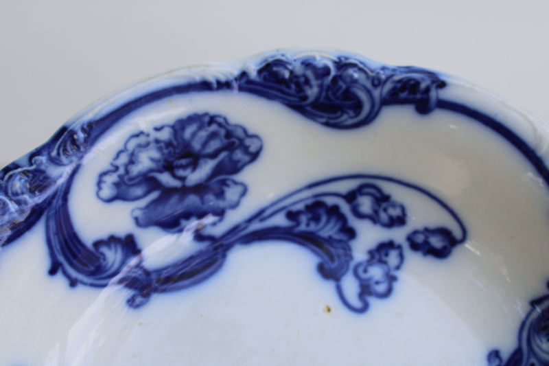 photo of 1800s antique flow blue china bowl, New Wharf poppy pattern Libertas England eagle mark  #4