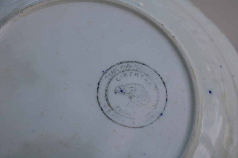 photo of 1800s antique flow blue china bowl, New Wharf poppy pattern Libertas England eagle mark  #6