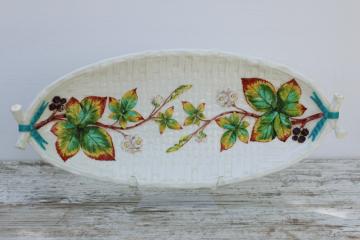 catalog photo of 1800s antique ironstone bowl, white china w/ embossed blackberries hand painted to look like majolica 