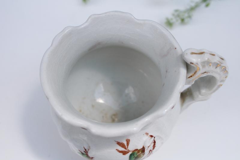 photo of 1800s antique ironstone china mug or milk pitcher, embossed shape w/ old roses transfer #2