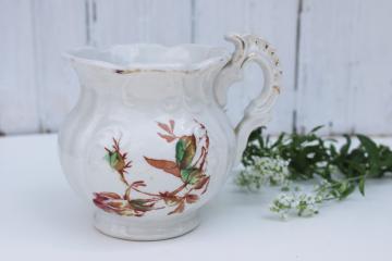 catalog photo of 1800s antique ironstone china mug or milk pitcher, embossed shape w/ old roses transfer