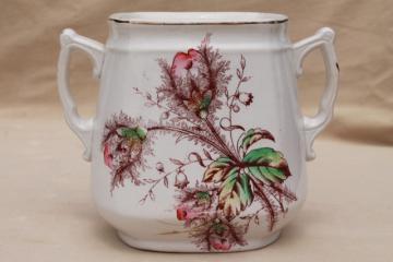 catalog photo of 1800s antique moss rose china biscuit jar, aesthetic roses sepia pink engraving