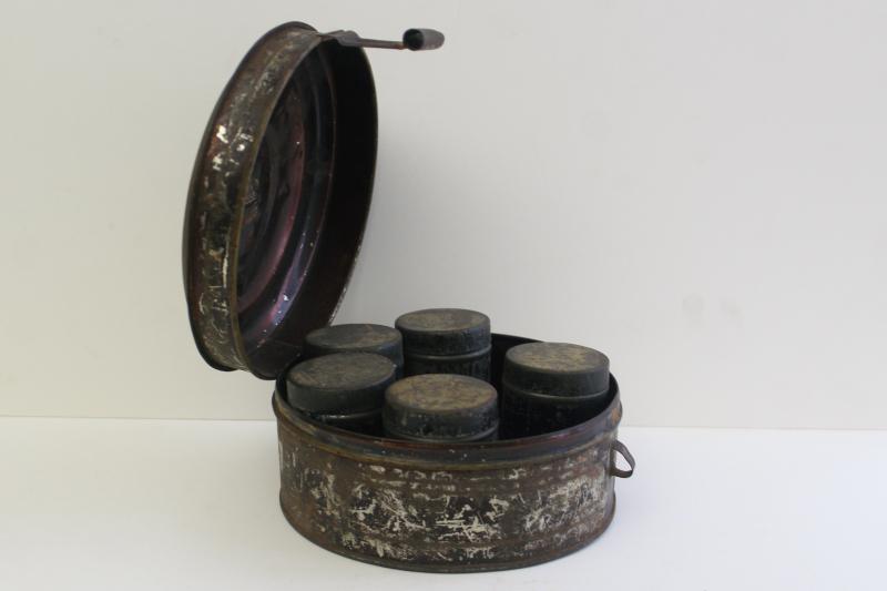 photo of 1800s antique toleware apothecary or spice box, metal canisters in round tin #1