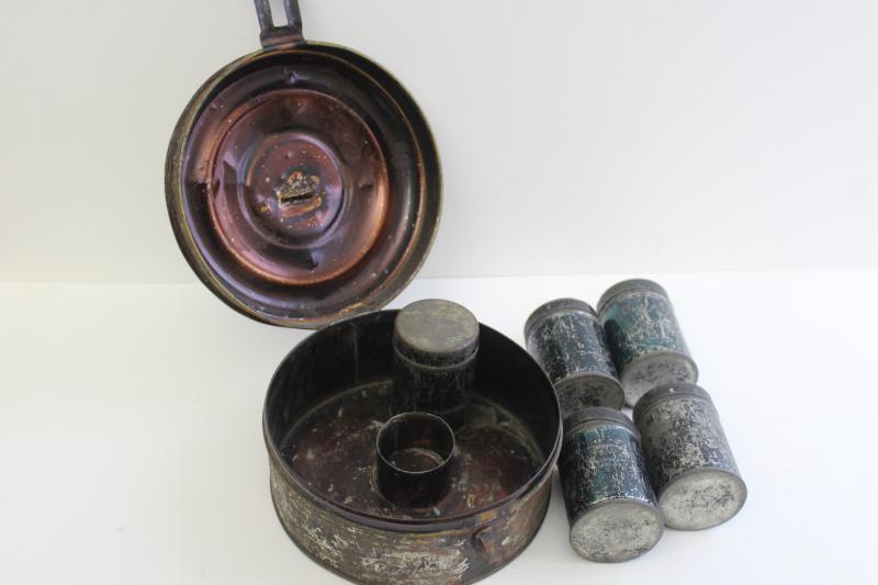 photo of 1800s antique toleware apothecary or spice box, metal canisters in round tin #4