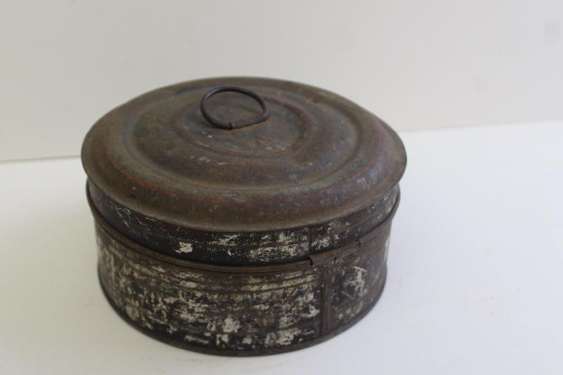 photo of 1800s antique toleware apothecary or spice box, metal canisters in round tin #8