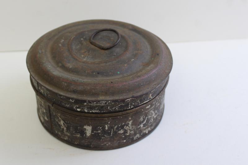 photo of 1800s antique toleware apothecary or spice box, metal canisters in round tin #9