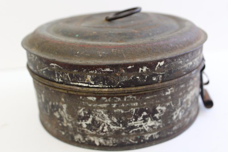 photo of 1800s antique toleware apothecary or spice box, metal canisters in round tin #11