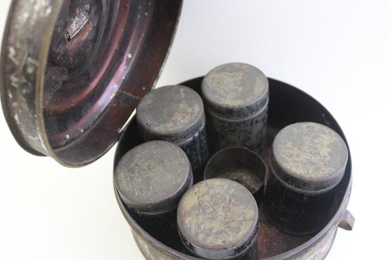 photo of 1800s antique toleware apothecary or spice box, metal canisters in round tin #12