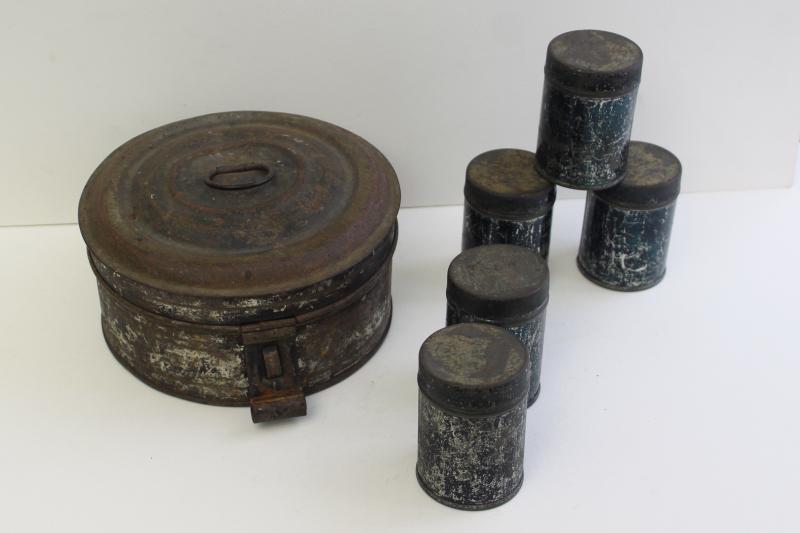 photo of 1800s antique toleware apothecary or spice box, metal canisters in round tin #13