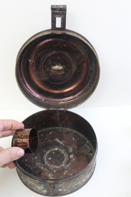 photo of 1800s antique toleware apothecary or spice box, metal canisters in round tin #14