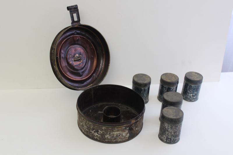 photo of 1800s antique toleware apothecary or spice box, metal canisters in round tin #17