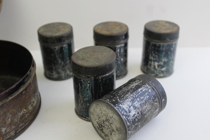 photo of 1800s antique toleware apothecary or spice box, metal canisters in round tin #18