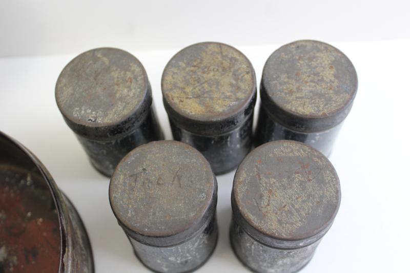 photo of 1800s antique toleware apothecary or spice box, metal canisters in round tin #19