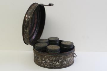 catalog photo of 1800s antique toleware apothecary or spice box, metal canisters in round tin