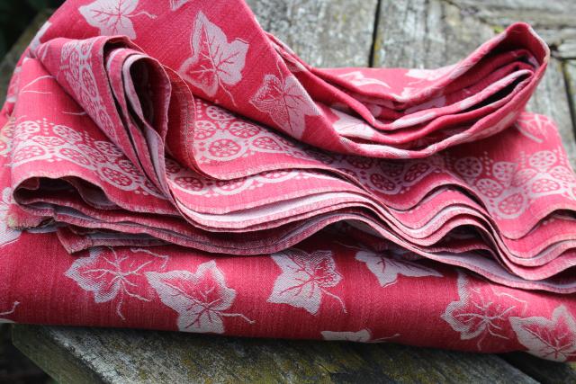 photo of 1800s antique turkey red linen damask tablecloth, ivy and lily woven pattern #3