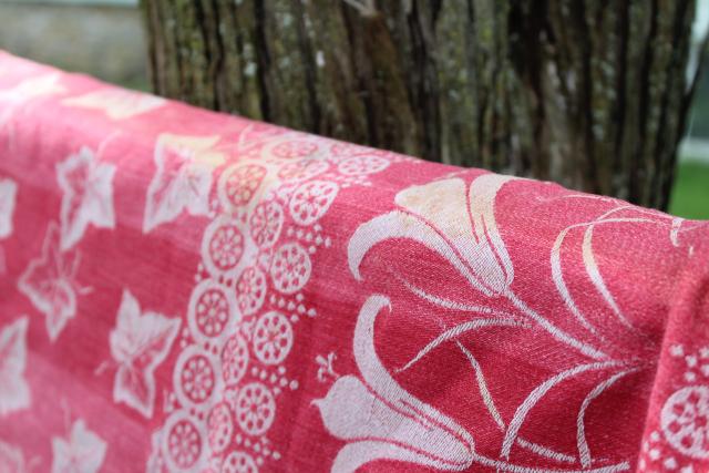 photo of 1800s antique turkey red linen damask tablecloth, ivy and lily woven pattern #6