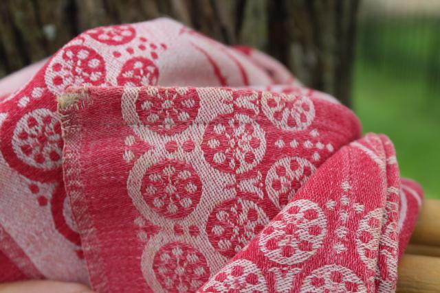 photo of 1800s antique turkey red linen damask tablecloth, ivy and lily woven pattern #9