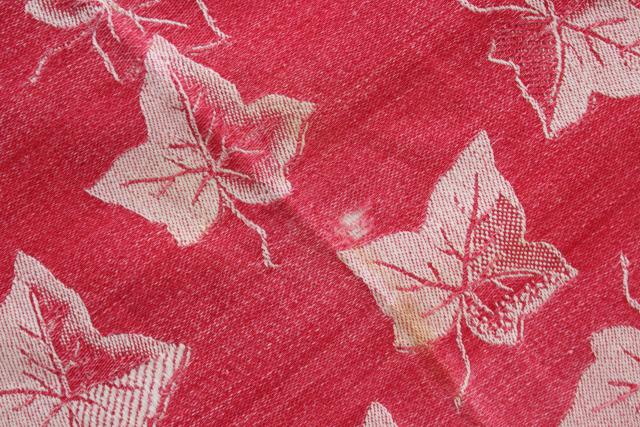 photo of 1800s antique turkey red linen damask tablecloth, ivy and lily woven pattern #10