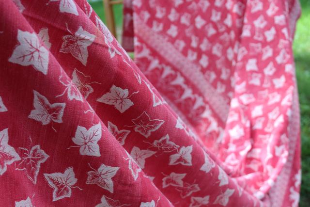 photo of 1800s antique turkey red linen damask tablecloth, ivy and lily woven pattern #11