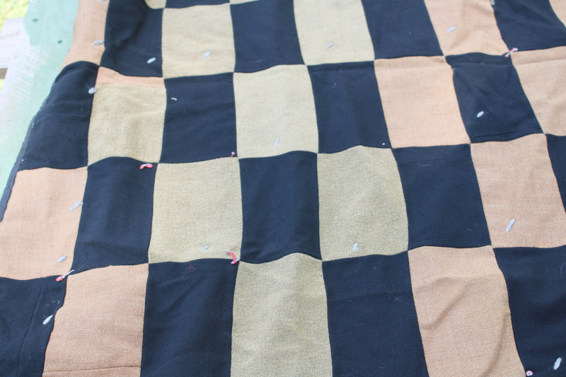 photo of 1800s primitive quilt, antique cotton calico prints w/ wool fabric patchwork backing  #2
