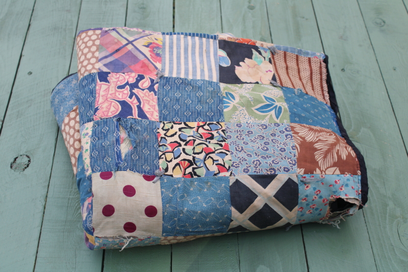 photo of 1800s primitive quilt, antique cotton calico prints w/ wool fabric patchwork backing  #6