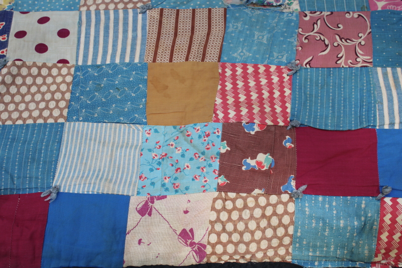 photo of 1800s primitive quilt, antique cotton calico prints w/ wool fabric patchwork backing  #7