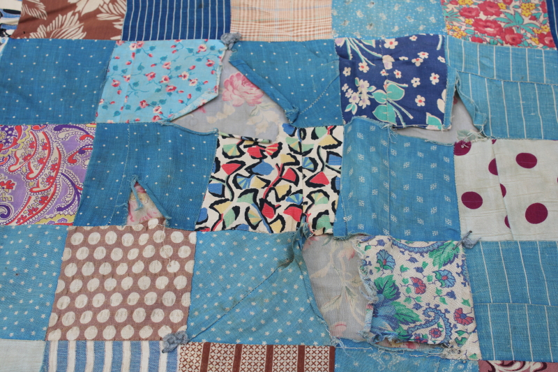 photo of 1800s primitive quilt, antique cotton calico prints w/ wool fabric patchwork backing  #8