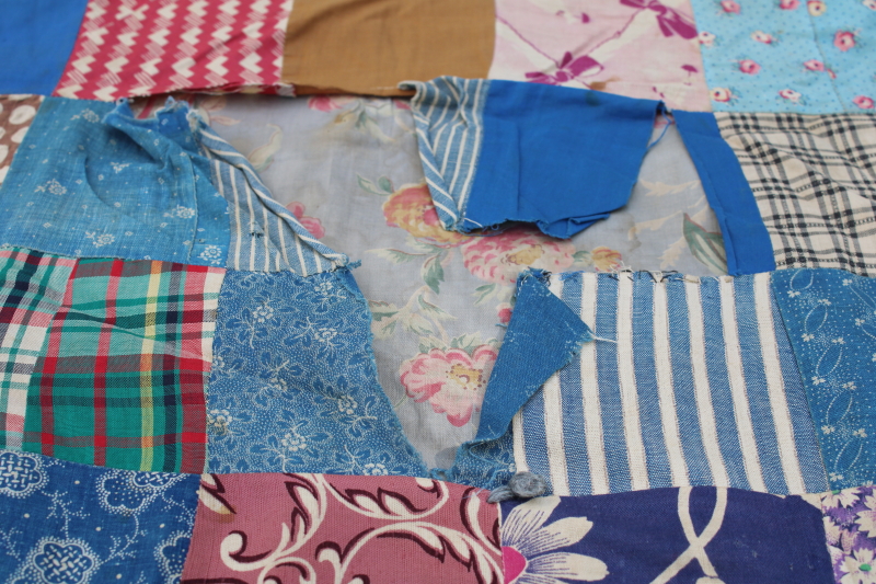 photo of 1800s primitive quilt, antique cotton calico prints w/ wool fabric patchwork backing  #9