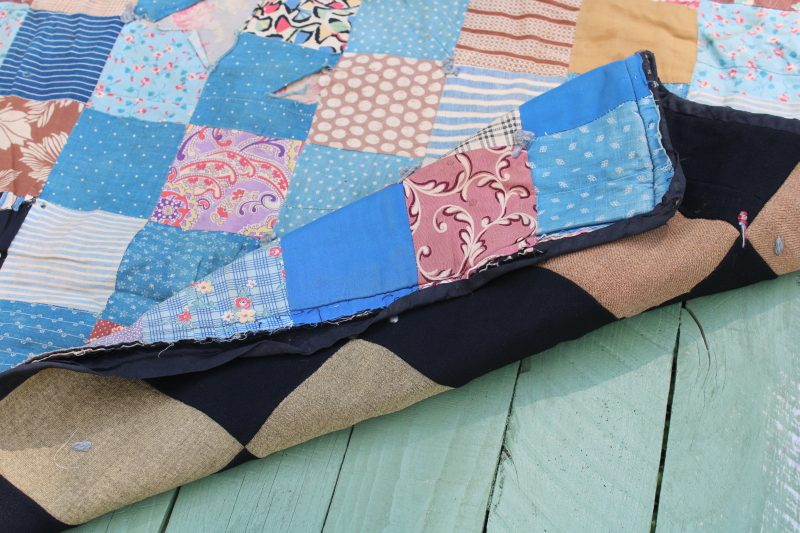 photo of 1800s primitive quilt, antique cotton calico prints w/ wool fabric patchwork backing  #10