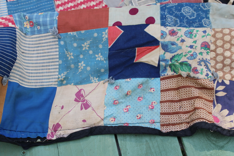 photo of 1800s primitive quilt, antique cotton calico prints w/ wool fabric patchwork backing  #11
