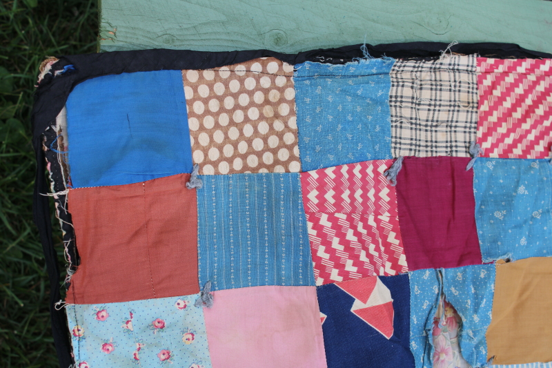 photo of 1800s primitive quilt, antique cotton calico prints w/ wool fabric patchwork backing  #12