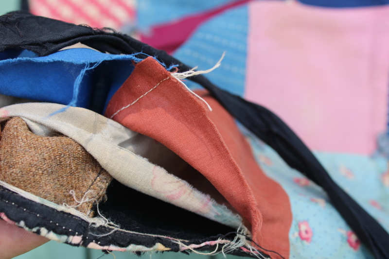 photo of 1800s primitive quilt, antique cotton calico prints w/ wool fabric patchwork backing  #13