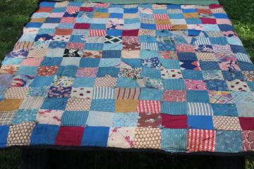 1800s primitive quilt, antique cotton calico prints w/ wool fabric patchwork backing 