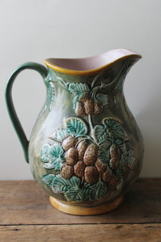 photo of 1800s vintage English majolica pitcher, bramble blackberries pattern large jug Shorter pottery #1