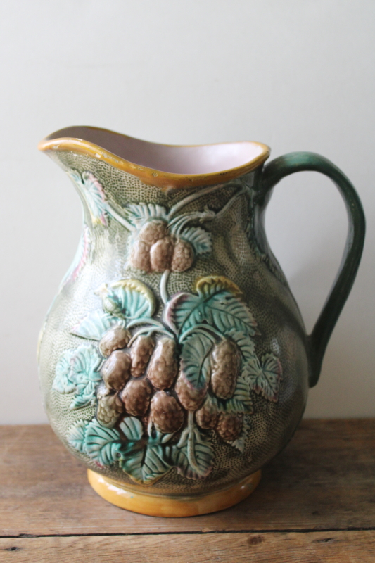 photo of 1800s vintage English majolica pitcher, bramble blackberries pattern large jug Shorter pottery  #2