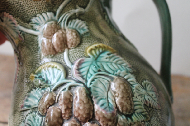 photo of 1800s vintage English majolica pitcher, bramble blackberries pattern large jug Shorter pottery  #6