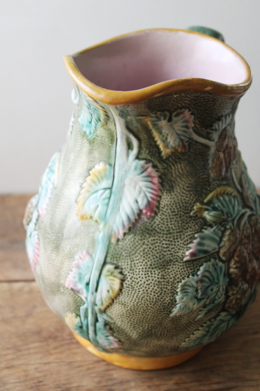 photo of 1800s vintage English majolica pitcher, bramble blackberries pattern large jug Shorter pottery  #7