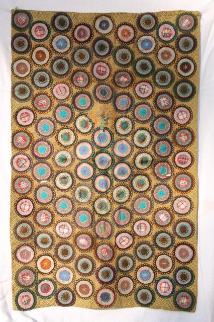 photo of 1800s vintage antique table cover, fabric penny rug circles w/ hand stitched embroidery #1