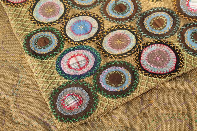 photo of 1800s vintage antique table cover, fabric penny rug circles w/ hand stitched embroidery #3