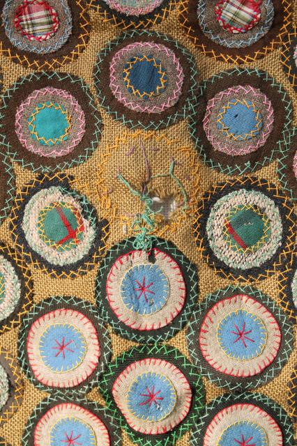 photo of 1800s vintage antique table cover, fabric penny rug circles w/ hand stitched embroidery #6