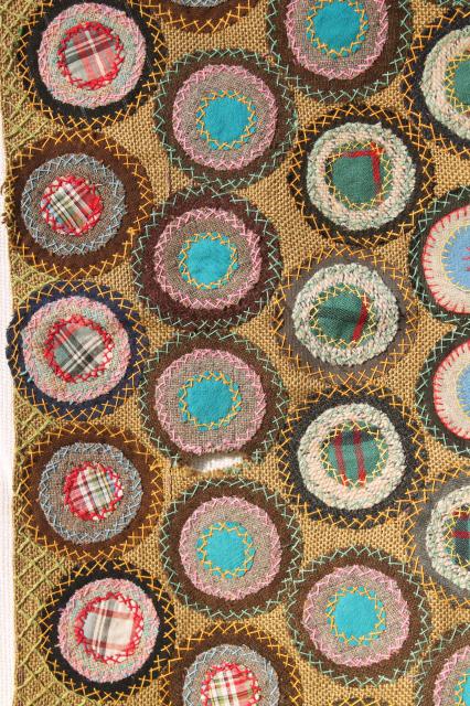 photo of 1800s vintage antique table cover, fabric penny rug circles w/ hand stitched embroidery #7