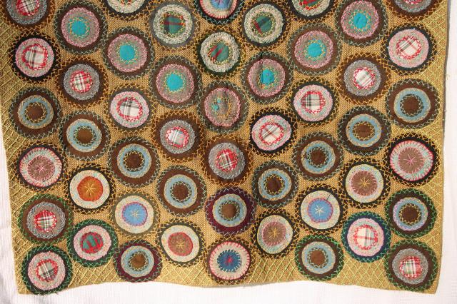 photo of 1800s vintage antique table cover, fabric penny rug circles w/ hand stitched embroidery #9