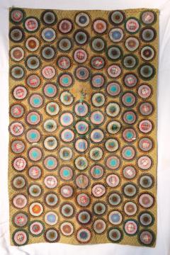 catalog photo of 1800s vintage antique table cover, fabric penny rug circles w/ hand stitched embroidery