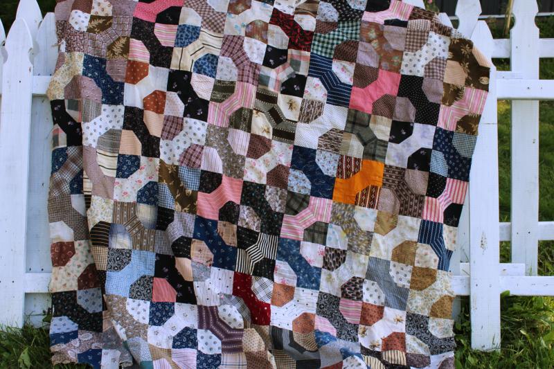 photo of 1800s vintage bow tie patchwork quilt top, antique cotton fabric shirtings & prints #1