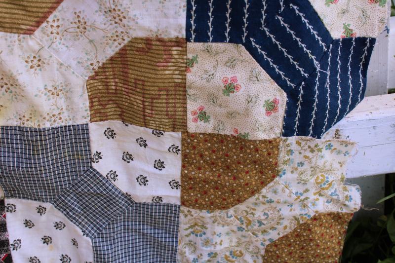 photo of 1800s vintage bow tie patchwork quilt top, antique cotton fabric shirtings & prints #2