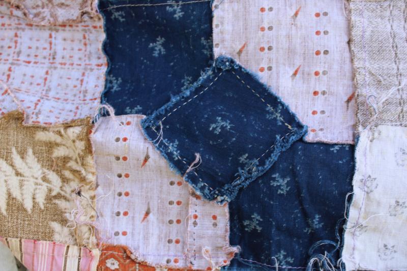 photo of 1800s vintage bow tie patchwork quilt top, antique cotton fabric shirtings & prints #7