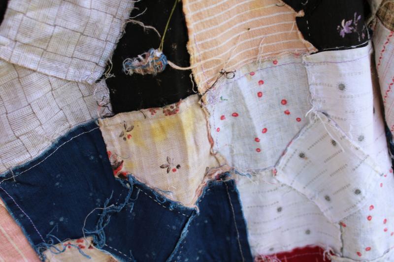 photo of 1800s vintage bow tie patchwork quilt top, antique cotton fabric shirtings & prints #9